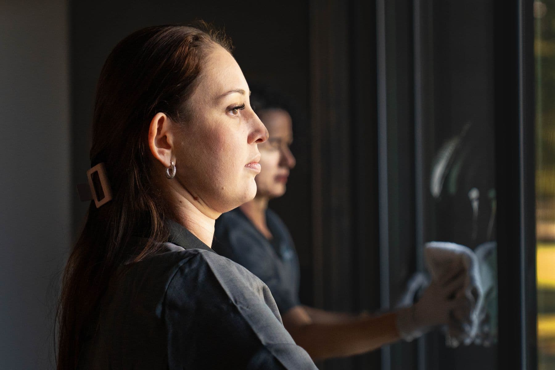 Nova cleaner wiping a window pane with a microfiber cloth